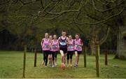 4 March 2015; Jack O'Leary, Clongowes Wood College, with Mount Sackville athletes, from left, Aisling Lyons, Sarah Nyhan, Jayne Nyhan, Caoimhe Dowdall and Rebecca Ward in attendance at a GloHealth All Ireland Schools’ Cross Country Championships Preview. Clongowes Woods College, Clane, Co. Kildare. Picture credit: Stephen McCarthy / SPORTSFILE
