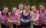 4 March 2015; Jack O'Leary, Clongowes Wood College, with Mount Sackville athletes, from left, Jayne Nyhan, Sarah Nyhan, Rebecca Ward, Caoimhe Dowdall and Rebecca Ward in attendance at a GloHealth All Ireland Schools’ Cross Country Championships Preview. Clongowes Woods College, Clane, Co. Kildare. Picture credit: Stephen McCarthy / SPORTSFILE