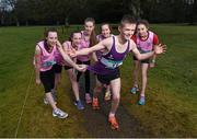 4 March 2015; Jack O'Leary, Clongowes Wood College, with Mount Sackville athletes, from left, Jayne Nyhan, Sarah Nyhan, Rebecca Ward, Caoimhe Dowdall and Rebecca Ward in attendance at a GloHealth All Ireland Schools’ Cross Country Championships Preview. Clongowes Woods College, Clane, Co. Kildare. Picture credit: Stephen McCarthy / SPORTSFILE