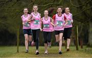 4 March 2015; Mount Sackville athletes, from left, Sarah Nyhan, Aisling Lyons, Jayne Nyhan, Rebecca Ward and Caoimhe Dowdall in attendance at a GloHealth All Ireland Schools’ Cross Country Championships Preview. Clongowes Woods College, Clane, Co. Kildare. Picture credit: Stephen McCarthy / SPORTSFILE