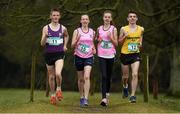 4 March 2015; Athletes, from left, Jack O'Leary, Clongowes Wood College, Sarah Nyhan and Aisling Lyons, Mount Sackville, and Paddy Maher, Dunshaughlin Community College, Co. Meath, in attendance at a GloHealth All Ireland Schools’ Cross Country Championships Preview. Clongowes Woods College, Clane, Co. Kildare. Picture credit: Stephen McCarthy / SPORTSFILE