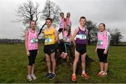 4 March 2015; Paddy Maher, Dunshaughlin Community College, Co. Meath, left, and Jack O'Leary, Clongowes Wood College, right, with Mount Sackville athletes, from left, Jayne Nyhan, Rebecca Ward, Aisling Lyons, 26, Sarah Nyhan and Caoimhe Dowdall in attendance at a GloHealth All Ireland Schools’ Cross Country Championships Preview. Clongowes Woods College, Clane, Co. Kildare. Picture credit: Stephen McCarthy / SPORTSFILE
