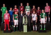 27 February 2015; Players from each of the SSE Airtricity League Premier division teams, from left, Keith Ward, Sligo Rovers, Micheál Schlingermann, Drogheda United, Shane Duggan, Limerick F.C, Ger O'Brien, St.Patrick's Athletic, John Dunleavy, Cork City, Jason Byrne, Bohemians F.C, Conor Kenna, Shamrock Rovers, Stephen O'Donnell, Dundalk F.C, Paul Sinnott, Galway United, Mark Sammon, Longford Town, Ryan McBride, Derry City and David Cassidy,Bray Wanderers, with Daragh Kelly, left, Head of Marketing SSE Airtricity and Fran Gavin, Director of the National League, during the launch of the SSE Airtricity League. Aviva Stadium, Lansdowne Road, Dublin. Picture credit: David Maher / SPORTSFILE