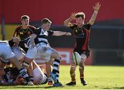 3 March 2015; John Poland, PBC, is blocked down by Jerry McCabe, Ard Scoil Rís. SEAT Munster Schools Senior Cup Semi-Final, Presentation Brothers College v Ard Scoil Rís. Irish Independent Park, Cork. Picture credit: Diarmuid Greene / SPORTSFILE