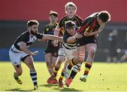 3 March 2015; Ronan Coffey, Ard Scoil Rís, is tackled by Sam Deane and Robin Reidy, left, PBC. SEAT Munster Schools Senior Cup Semi-Final, Presentation Brothers College v Ard Scoil Rís. Irish Independent Park, Cork. Picture credit: Diarmuid Greene / SPORTSFILE