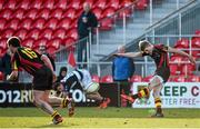 3 March 2015; Conor Fitzgerald, Ard Scoil Rís, kicks a last-minute penalty to claim victory over PBC. SEAT Munster Schools Senior Cup Semi-Final, Presentation Brothers College v Ard Scoil Rís. Irish Independent Park, Cork. Picture credit: Diarmuid Greene / SPORTSFILE