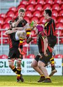 3 March 2015; Conor Fitzgerald, Ard Scoil Rís, celebrates with team-mates Darragh Ryan, left, Pierce Lyons and Ian Brown, right, after scoring a last-minute penalty to claim victory over PBC. SEAT Munster Schools Senior Cup Semi-Final, Presentation Brothers College v Ard Scoil Rís. Irish Independent Park, Cork. Picture credit: Diarmuid Greene / SPORTSFILE