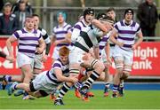 3 March 2015; Senan McNulty, Belvedere College, is tackled by Donal Mongey, Clongowes Wood College. Bank of Ireland Leinster Schools Senior Cup Semi-Final, Clongowes Wood College v Belvedere College, Donnybrook Stadium, Donnybrook, Dublin. Picture credit: Cody Glenn / SPORTSFILE
