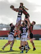3 March 2015; Jack O'Sullivan, PBC, wins possession for his side in a lineout ahead of Barra O'Byrne, Ard Scoil Rís. SEAT Munster Schools Senior Cup Semi-Final, Presentation Brothers College v Ard Scoil Rís. Irish Independent Park, Cork. Picture credit: Diarmuid Greene / SPORTSFILE