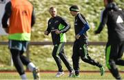 3 March 2015; Munster's Keith Earls, left, and Felix Jones in conversation during squad training. University of Limerick, Limerick. Picture credit: Diarmuid Greene / SPORTSFILE
