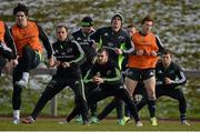 3 March 2015; Munster players, including Alex Wootton, Duncan Williams, Niall Scannell, JJ Hanrahan, Ian Keatley, Cathal Sheridan and Luke O'Dea, stretch during squad training. University of Limerick, Limerick. Picture credit: Diarmuid Greene / SPORTSFILE