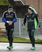3 March 2015; Munster's Felix Jones, left, and Ian Keatley in conversation as they make their way out for squad training. University of Limerick, Limerick. Picture credit: Diarmuid Greene / SPORTSFILE