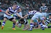 3 March 2015; Tom De Jongh, Belvedere College, is tackled by Nickolas Rinklin, left, and Rowan Osborne, Clongowes Wood College. Bank of Ireland Leinster Schools Senior Cup Semi-Final, Clongowes Wood College v Belvedere College, Donnybrook Stadium, Donnybrook, Dublin. Picture credit: Piaras Ó Mídheach / SPORTSFILE