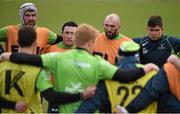 4 March 2015; Connacht captain John Muldoon, alongside Mick Kearney, Denis Buckley, and Dave Heffernan, speaks to his team-mates as they huddle together during squad training. The Sportsground, Galway. Picture credit: Diarmuid Greene / SPORTSFILE