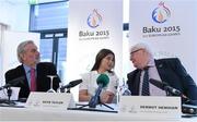 4 March 2015; The Olympic Council of Ireland is marking the '100 Days to go' milestone to the opening ceremony tof the historic first ever European Games taking place oin Baku in Azerbaijan from June 12th to 28th this year. Over 6,000 athletes from the 50 National Olympic Committees of Europe will compete in 20 sports over 17 consecutive days at Baku 2015. The inaugural Games will consist of 16 Olympic Sports and 4 non-olympic sports. In attendance at the announcement are, from left, Kieran Mulvey, Chairman, Irish Sports Council, Olympic Boxing Gold Medallist Katie Taylor and Dermot Henihan, Chec de Mission, Team Ireland Baku 2015. Morrison Hotel, Dublin. Picture credit: Brendan Moran / SPORTSFILE