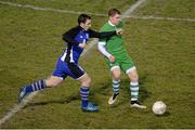 2 March 2015; Conor Foley, Cabinteely FC, in action against Scott Hess, Elizabethtown College, Pennsylvania. Pre-season Friendly, Cabinteely v Elizabethtown College Pennsylvania, Blackrock College RFC, Stradbrook Road, Dublin. Picture credit: Cody Glenn / SPORTSFILE