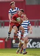 4 March 2015; Colm Hogan, Glenstal Abbey, wins possession ahead of Lee Molloy, Rockwell College. SEAT Munster Schools Senior Cup Semi-Final, Glenstal Abbey v Rockwell College. Thomond Park, Limerick. Picture credit: Diarmuid Greene / SPORTSFILE