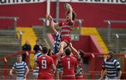 4 March 2015; Neilus Mulvihill, Glenstal Abbey, wins possession in a lineout ahead of Sean O'Connor, Rockwell College. SEAT Munster Schools Senior Cup Semi-Final, Glenstal Abbey v Rockwell College. Thomond Park, Limerick. Picture credit: Diarmuid Greene / SPORTSFILE
