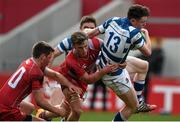 4 March 2015; Lee Molloy, Rockwell College, is tackled by George O'Hara and Jack Stafford, left, Glenstal Abbey. SEAT Munster Schools Senior Cup Semi-Final, Glenstal Abbey v Rockwell College. Thomond Park, Limerick. Picture credit: Diarmuid Greene / SPORTSFILE