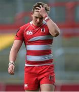 4 March 2015; Bobby Fleming, Glenstal Abbey, reacts after defeat to Rockwell College. SEAT Munster Schools Senior Cup Semi-Final, Glenstal Abbey v Rockwell College. Thomond Park, Limerick. Picture credit: Diarmuid Greene / SPORTSFILE
