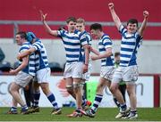 4 March 2015; Rockwell College players celebrate at the final whistle after defeating Glenstal Abbey. SEAT Munster Schools Senior Cup Semi-Final, Glenstal Abbey v Rockwell College. Thomond Park, Limerick. Picture credit: Diarmuid Greene / SPORTSFILE