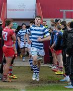 4 March 2015; Rockwell College captain Sean O'Connor leads his team out for the start of the game. SEAT Munster Schools Senior Cup Semi-Final, Glenstal Abbey v Rockwell College. Thomond Park, Limerick. Picture credit: Diarmuid Greene / SPORTSFILE