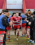 4 March 2015; Glenstal Abbey captain Tim Costigan leads his team out for the start of the game. SEAT Munster Schools Senior Cup Semi-Final, Glenstal Abbey v Rockwell College. Thomond Park, Limerick. Picture credit: Diarmuid Greene / SPORTSFILE