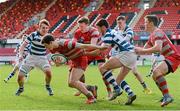 4 March 2015; Sean O'Sullivan, Glenstal Abbey, is tackled by Bill Johnson, right, and Tommy Anglim, Rockwell College. SEAT Munster Schools Senior Cup Semi-Final, Glenstal Abbey v Rockwell College. Thomond Park, Limerick. Picture credit: Diarmuid Greene / SPORTSFILE