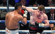 28 February 2015; Paddy Gallagher, right, exchanges punches with Miguel Aguilar during their Welterweight bout. The World Is Not Enough Undercard, Odyssey Arena, Belfast, Co. Antrim. Picture credit: Stephen McCarthy / SPORTSFILE
