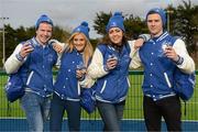 4 March 2015; Members of the Leinster Rugby Blue Crew, left to right, Cathal O'Reilly, Shaunie Reilly-Foley, Jessica McGurk and Niall Behan handed out free Leinster Rugby watches before the match. Bank of Ireland Leinster Schools Senior Cup Semi-Final, Cistercian College Roscrea v Newbridge College, Donnybrook Stadium, Donnybrook, Dublin. Picture credit: Cody Glenn / SPORTSFILE