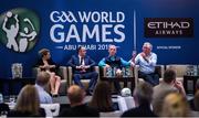 5 March 2015; Former Kerry star Pat Spillane, who won 9 All Stars and 8 All Ireland medals, with Valerie Mulcahy, All Star and nine times All Ireland winner with Cork, Eoin Kelly, All Star and double All Ireland winner with Tipperary and Pat McEnaney, referee and Chairman of GAA Referees Association, speaking at the GAA World Games - Business Forum, Park Rotana Hotel, Abu Dhabi, United Arab Emirates. Picture credit: Ray McManus / SPORTSFILE