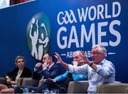5 March 2015; Former Kerry star Pat Spillane, who won 9 All Stars and 8 All Ireland medals, with Valerie Mulcahy, All Star and nine times All Ireland winner with Cork, Eoin Kelly, All Star and double All Ireland winner with Tipperary and Pat McEnaney, referee and Chairman of GAA Referees Association, speaking at the GAA World Games - Business Forum, Park Rotana Hotel, Abu Dhabi, United Arab Emirates. Picture credit: Ray McManus / SPORTSFILE