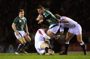 1 February 2008; Tommy Bowe, Ireland A, is tackled by Ollie Smith and Shane Geraghty, right, England Saxons. England Saxons v Ireland A, Welford Road, Leicester, England. Picture credit; Stephen McCarthy / SPORTSFILE