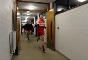 28 February 2015; Dermot McBride, Derry, leads the team out of the changing rooms. Allianz Football League, Division 1, Round 3, Tyrone v Derry. Healy Park, Omagh, Co. Tyrone. Picture credit: Oliver McVeigh / SPORTSFILE
