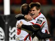 27 February 2015; Louis Ludik, Ulster, celebrates with Ruan Pienar after scoring a try. Guinness PRO12 Round 16, Ulster v Scarlets. Kingspan Stadium, Ravenhill Park, Belfast. Picture credit: Oliver McVeigh / SPORTSFILE
