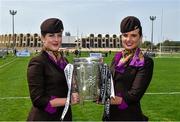 6 March 2015; Etihad staff, Joanne Walsh, from Westport, Co Mayo, left, and Rachael Brennan, from, Swinford, Co Mayo, with the Liam MacCarthy Cup. Zayed Sports Stadium, Abu Dhabi, United Arab Emirates. Picture credit: Ray McManus / SPORTSFILE