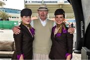 6 March 2015; Etihad staff, Joanne Walsh, from Westport, Co Mayo, left, and Rachael Brennan, from, Swinford, Co Mayo, with Michéal O Muircheartaigh before the tournament. Zayed Sports Stadium, Abu Dhabi, United Arab Emirates. Picture credit: Ray McManus / SPORTSFILE