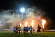 6 March 2015; The Cabinteely FC and Wexford Youths teams walk out ahead of the game. Airtricity League, First Division, Cabinteely FC v Wexford Youths. Blackrock College, Stradbrook Road, Dublin. Picture credit: Ramsey Cardy / SPORTSFILE