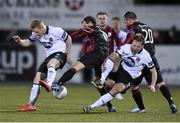 6 March 2015; Pat Flynn, Longford Town, in action against Daryl Horgan, left, and David McMillan, Dundalk. SSE Airtricity League, Premier Division, Dundalk v Longford Town. Oriel Park, Dundalk, Co. Louth. Photo by Sportsfile
