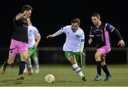 6 March 2015; Jamie McGlynn, Cabinteely FC, in action against Eric Molloy, left, and Conor Whittle, Wexford Youths. Airtricity League, First Division, Cabinteely FC v Wexford Youths. Blackrock College, Stradbrook Road, Dublin. Picture credit: Ramsey Cardy / SPORTSFILE