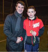 6 March 2015; Republic of Ireland assistant manager Roy Keane presents a winner's medal to Knocknaheeny team captain Adam Crowley. Late Night Leagues is a youth diversion programme, run in conjunction with the Gardaí, Foróige and the FAI, and sponsored by IPB, to utilise football as a tool for social inclusion.  Sam Allen Pitches, Leisure World, Churchfield, Cork City. Picture credit: Matt Browne / SPORTSFILE