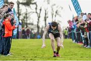 7 March 2015; Kevin Mulcaire, St Flannan's, Ennis, somersaults in celebration as he crosses the finish line to win the Senior Boy's event at the GloHealth All Ireland Schools Cross Country Championships. Clongowes Wood College, Co. Kildare. Picture credit: Ramsey Cardy / SPORTSFILE