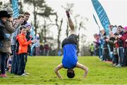 7 March 2015; Kevin Mulcaire, St Flannan's, Ennis, somersaults in celebration as he crosses the finish line to win the Senior Boy's event at the GloHealth All Ireland Schools Cross Country Championships. Clongowes Wood College, Co. Kildare. Picture credit: Ramsey Cardy / SPORTSFILE