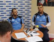 12 February 2008; Leinster's Chris Whitaker listens while head coach Michael Cheika speaks to journalists at a press conference ahead of their Magners League game with Cardiff Blues this Saturday. Leinster Press Briefing, David Lloyd Riverview, Clonskeagh, Dublin. Picture credit; Melanie Downes / SPORTSFILE