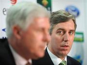 13 February 2008; Chief Executive of the FAI John Delaney looks on as Republic of Ireland caretaker manager Don Givens speaks at a press conference to announce the appointment of Giovanni Trapattoni as the new Republic of Ireland manager. FAI Press Conference, Football Association of Ireland Headquarters, National Sports Campus, Abbotstown, Dublin. Picture credit; Brian Lawless / SPORTSFILE