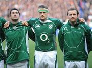 9 February 2008; Ireland's Jamie Heaslip with team-mates Rob Kearney, left, and Geordan Murphy, right, during the lineup before the start of the game. RBS Six Nations Rugby Championship, France v Ireland, Stade De France, Paris, France. Picture credit; Matt Browne / SPORTSFILE