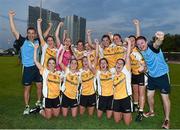 7 March 2015; The Middle East team celebrate after their victory over Australasia in the GAA World Games Women's final. Zayed Sports Stadium,Abu Dhabi, United Arab Emirates. Picture credit: Ray McManus / SPORTSFILE