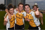 7 March 2015; Siobhan Lacken, 6, Grainne Hutson, 7, and Grainne McGale, members of the winning Middle East team celebrate after they had beaten Australasia in the womens final. Zayed Sports Stadium, Abu Dhabi, United Arab Emirates. Picture credit: Ray McManus / SPORTSFILE