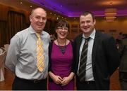 7 March 2015; Pictured at the official dinner of the GAA Ladies Football Annual Congress 2015 are, from left to right, Arthur Corrigan, Sharon Dooley, and MJ Smith, all from Co. Kildare. The Inn at Dromoland, Dromoland, Newmarket On Fergus, Co. Clare. Picture credit: Diarmuid Greene / SPORTSFILE