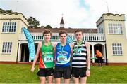 7 March 2015; On the podium after the Senior Boy's race are, first placed Kevin Mulcaire, St Flannan's, Ennis, centre, second placed Peter Lynch, St Kieran's College, Kilkenny, right, and third placed Jamie Fallon, Calasanctius College, Oranmore, at the GloHealth All Ireland Schools Cross Country Championships. Clongowes Wood College, Co. Kildare. Picture credit: Ramsey Cardy / SPORTSFILE